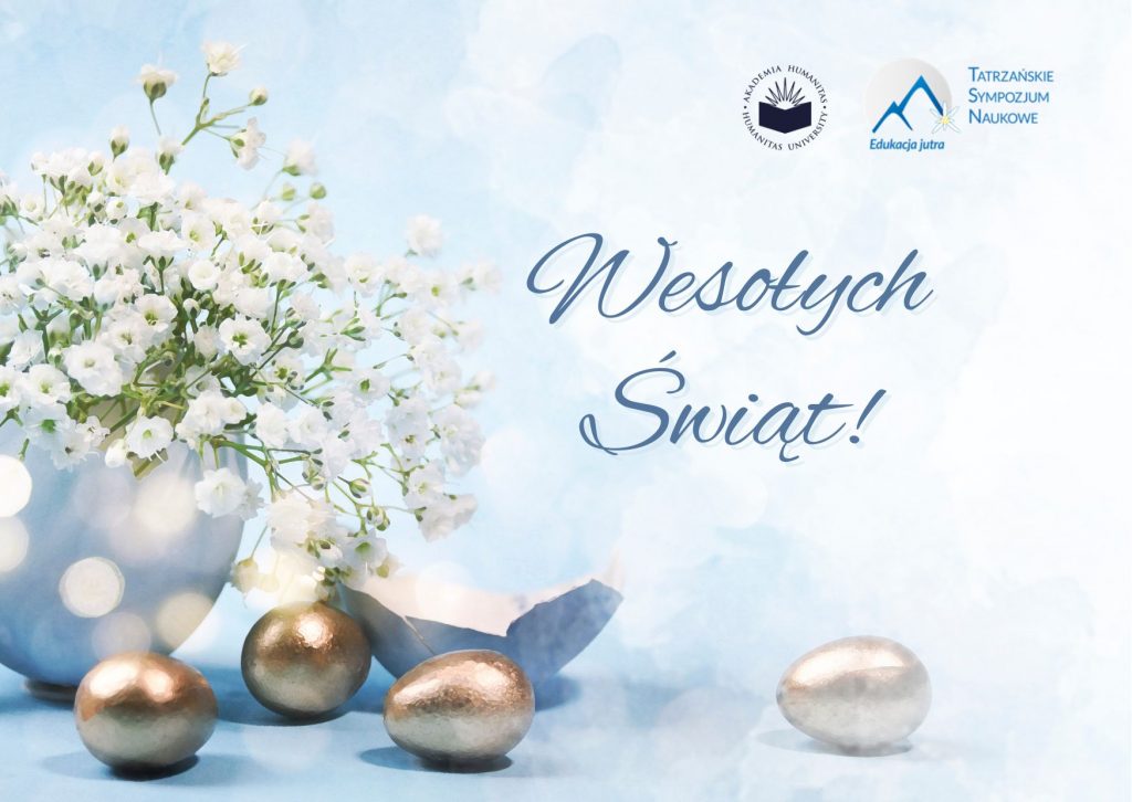 Kartka wielkanocna z napisem Wesołych Świąt z logo TSN i Akademia Humanitas
